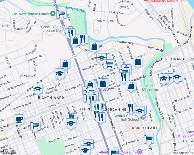 map of restaurants, bars, coffee shops, grocery stores, and more near 802 North 6th Street in Allentown