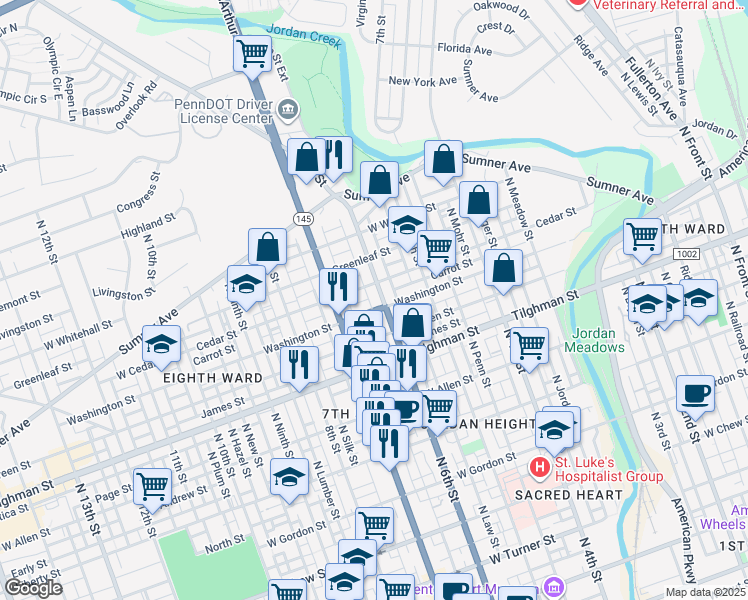 map of restaurants, bars, coffee shops, grocery stores, and more near 802 North 6th Street in Allentown