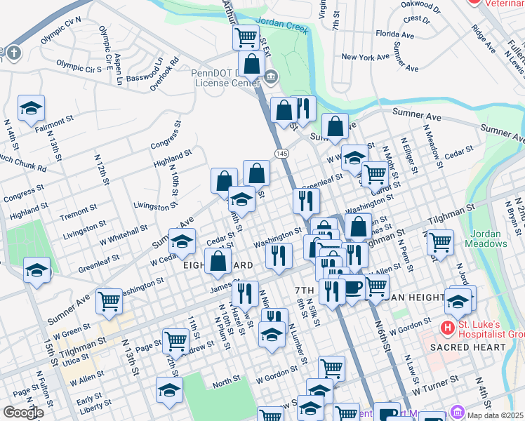 map of restaurants, bars, coffee shops, grocery stores, and more near 841 North Lumber Street in Allentown