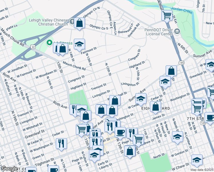 map of restaurants, bars, coffee shops, grocery stores, and more near 1013 North 13th Street in Allentown