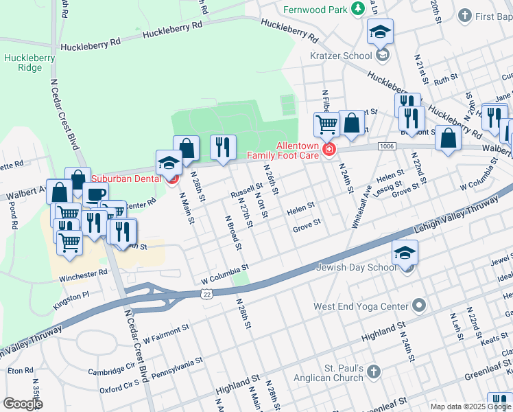 map of restaurants, bars, coffee shops, grocery stores, and more near 1516 North Ott Street in Allentown