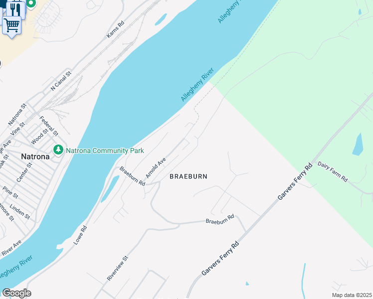map of restaurants, bars, coffee shops, grocery stores, and more near 4158 Arnold Avenue in New Kensington