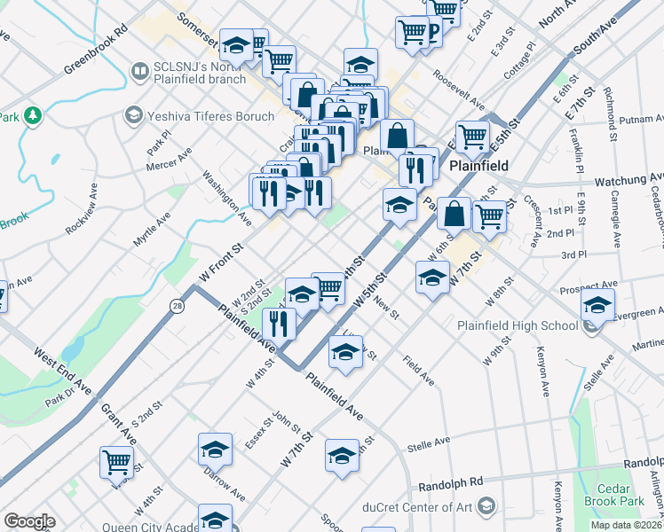 map of restaurants, bars, coffee shops, grocery stores, and more near 430 West 4th Street in Plainfield