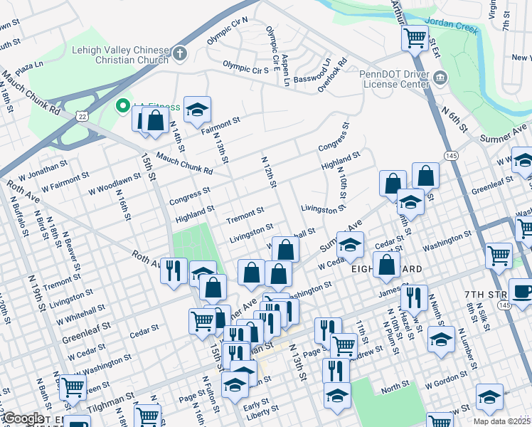map of restaurants, bars, coffee shops, grocery stores, and more near 1013 North 13th Street in Allentown