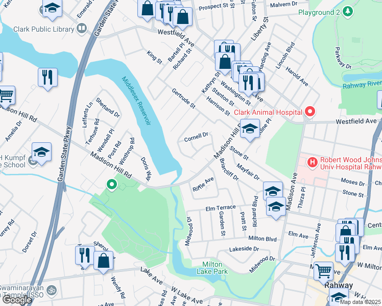 map of restaurants, bars, coffee shops, grocery stores, and more near 42 Bradley Road in Clark