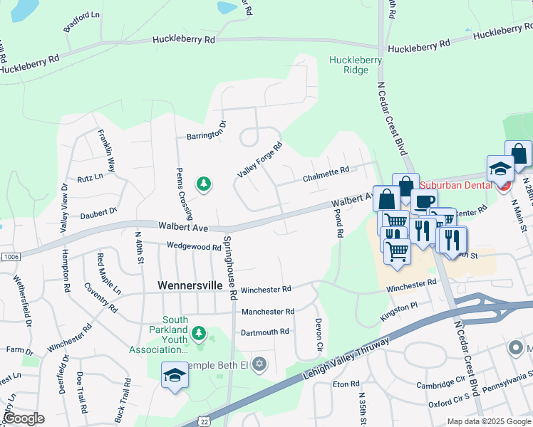 map of restaurants, bars, coffee shops, grocery stores, and more near 1648 Valley Forge Road in Allentown