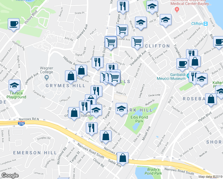 map of restaurants, bars, coffee shops, grocery stores, and more near 526 Targee Street in Staten Island