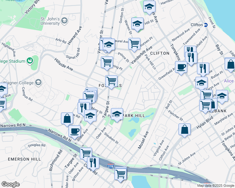 map of restaurants, bars, coffee shops, grocery stores, and more near 55 Bowen Street in Staten Island