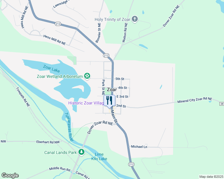 map of restaurants, bars, coffee shops, grocery stores, and more near in Zoar