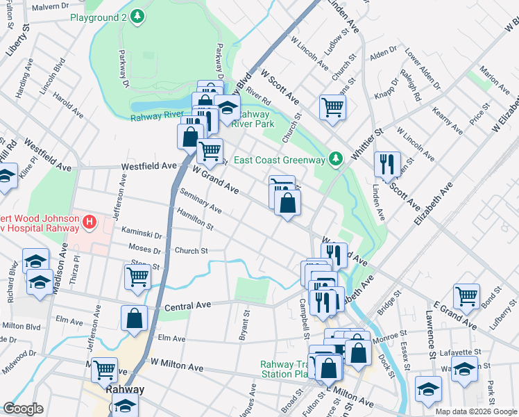 map of restaurants, bars, coffee shops, grocery stores, and more near 520 West Grand Avenue in Rahway