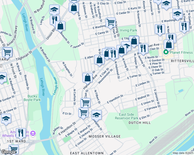 map of restaurants, bars, coffee shops, grocery stores, and more near 635 Westminster Street in Allentown