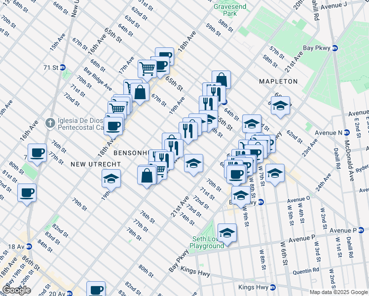 map of restaurants, bars, coffee shops, grocery stores, and more near 20th Ave & 69th St in Brooklyn