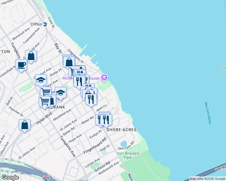 map of restaurants, bars, coffee shops, grocery stores, and more near 57 Waterview Court in Staten Island