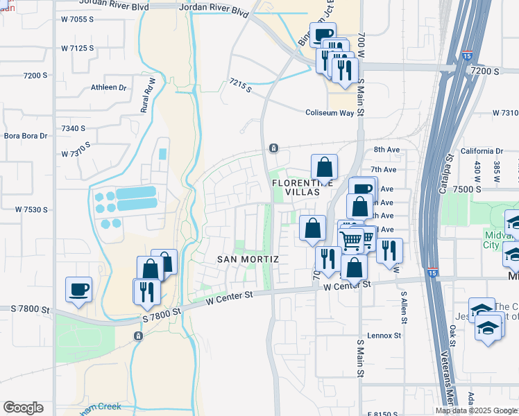 map of restaurants, bars, coffee shops, grocery stores, and more near 7539 Summit Peak Drive in Midvale