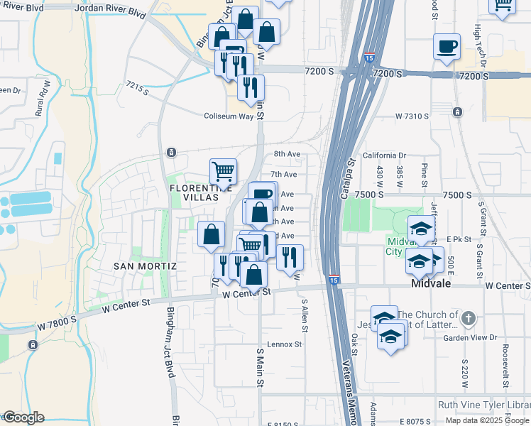 map of restaurants, bars, coffee shops, grocery stores, and more near 7572 Main Street West in Midvale