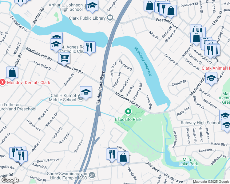 map of restaurants, bars, coffee shops, grocery stores, and more near 566 Madison Hill Road in Clark