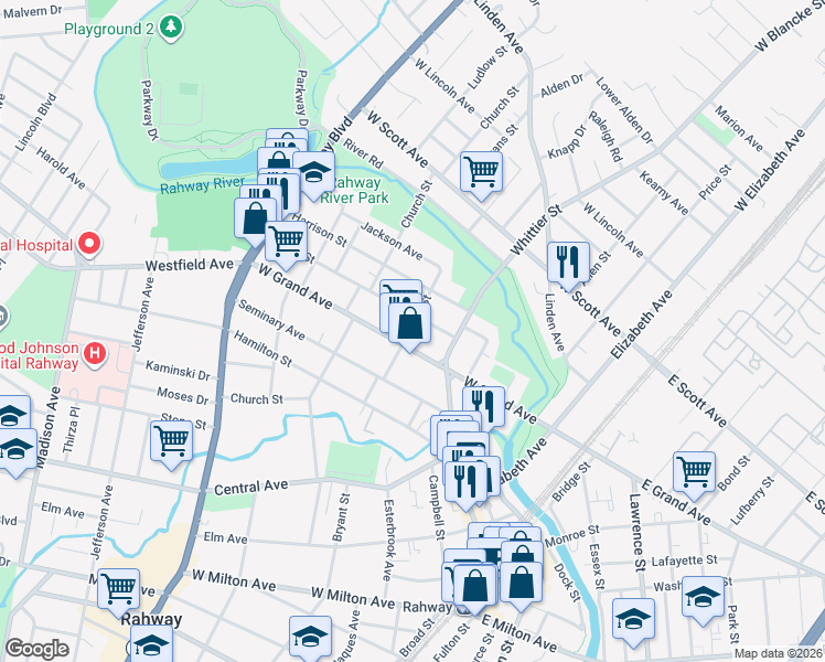 map of restaurants, bars, coffee shops, grocery stores, and more near 419 West Grand Avenue in Rahway