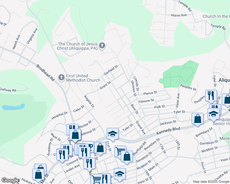 map of restaurants, bars, coffee shops, grocery stores, and more near 621 Grand Avenue in Aliquippa
