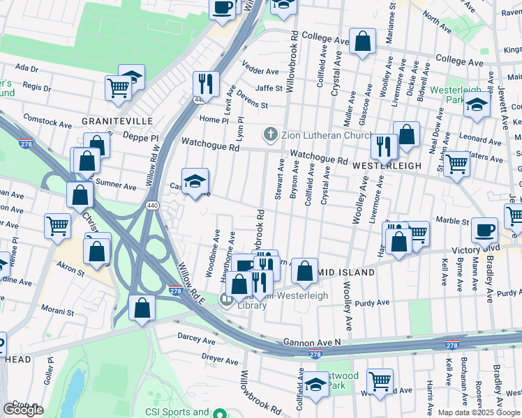 map of restaurants, bars, coffee shops, grocery stores, and more near 400 Willowbrook Road in Staten Island