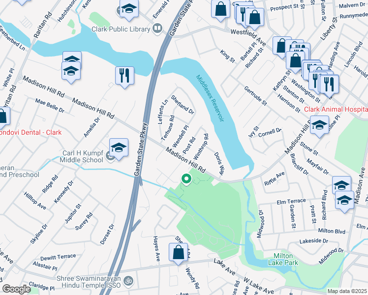 map of restaurants, bars, coffee shops, grocery stores, and more near 592 Madison Hill Road in Clark