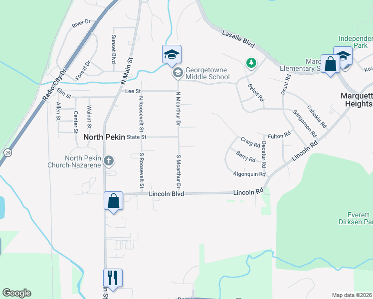 map of restaurants, bars, coffee shops, grocery stores, and more near 112 Halsey Street in North Pekin