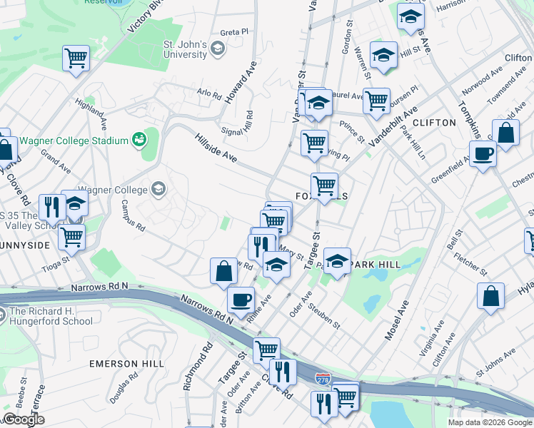 map of restaurants, bars, coffee shops, grocery stores, and more near 1032 Van Duzer Street in Staten Island