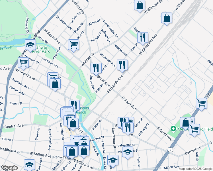 map of restaurants, bars, coffee shops, grocery stores, and more near 120 West Scott Avenue in Rahway