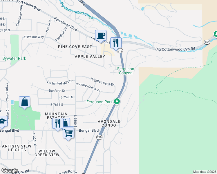 map of restaurants, bars, coffee shops, grocery stores, and more near 7554 Brighton Point Drive in Cottonwood Heights