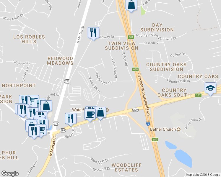 map of restaurants, bars, coffee shops, grocery stores, and more near 5391 Valleyridge Drive in Redding
