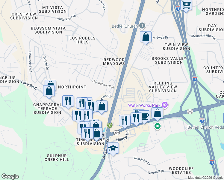 map of restaurants, bars, coffee shops, grocery stores, and more near 311 Lemon Drive in Redding