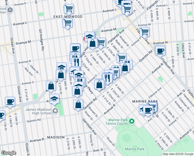 map of restaurants, bars, coffee shops, grocery stores, and more near 1621 East 32nd Street in Brooklyn