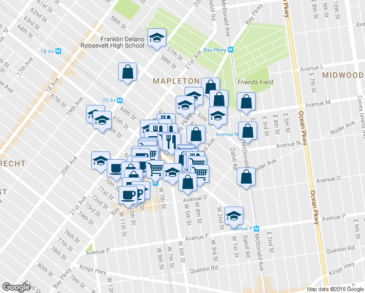 map of restaurants, bars, coffee shops, grocery stores, and more near 2225 64th Street in Brooklyn