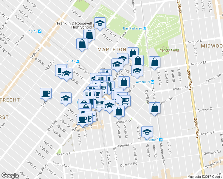 map of restaurants, bars, coffee shops, grocery stores, and more near 2225 64th Street in Brooklyn