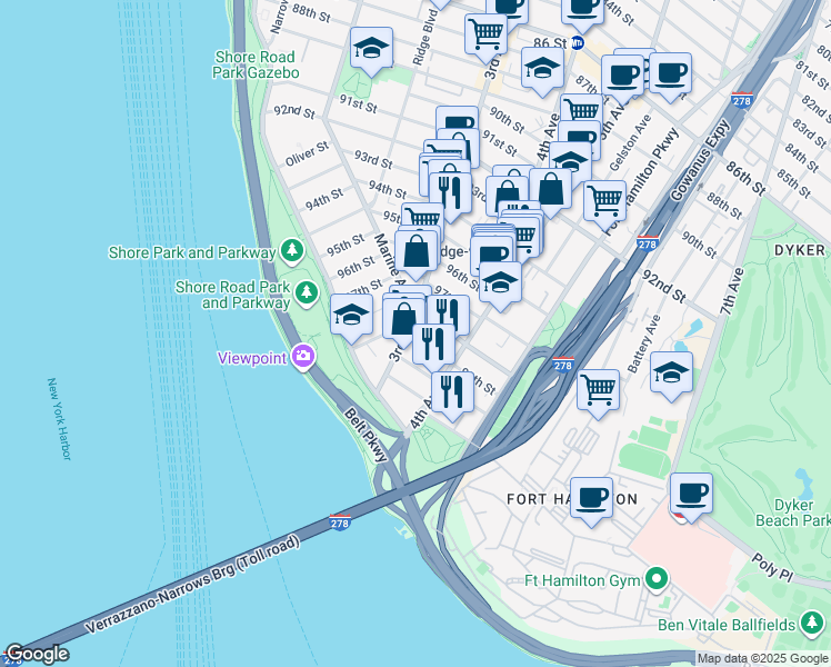map of restaurants, bars, coffee shops, grocery stores, and more near 329 99th Street in Brooklyn