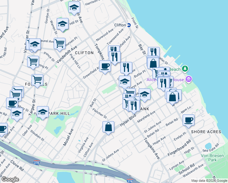 map of restaurants, bars, coffee shops, grocery stores, and more near 173 Saint Marys Avenue in Staten Island