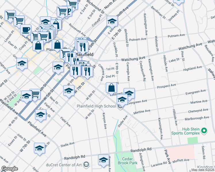 map of restaurants, bars, coffee shops, grocery stores, and more near 123 East 9th Street in Plainfield