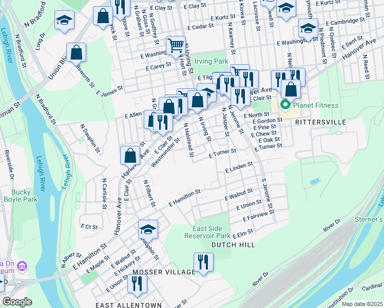 map of restaurants, bars, coffee shops, grocery stores, and more near 731-749 East Turner Street in Allentown