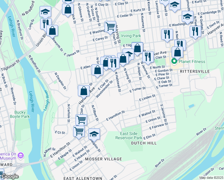 map of restaurants, bars, coffee shops, grocery stores, and more near 216 North Graham Street in Allentown