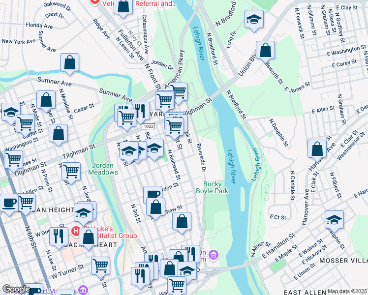 map of restaurants, bars, coffee shops, grocery stores, and more near 513 North Front Street in Allentown