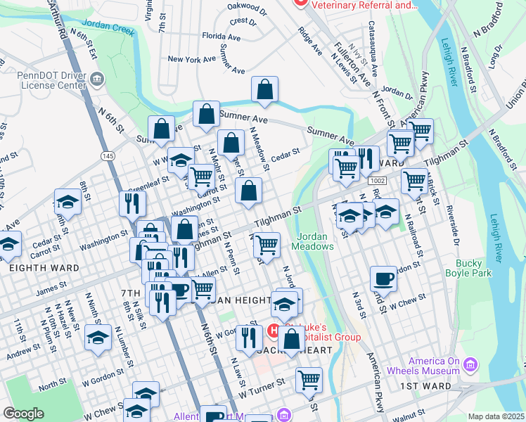 map of restaurants, bars, coffee shops, grocery stores, and more near 720 North Jordan Street in Allentown