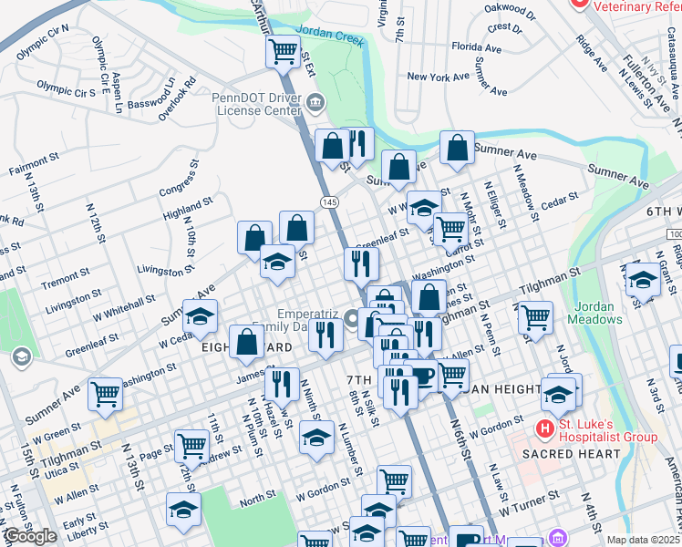 map of restaurants, bars, coffee shops, grocery stores, and more near 733 Cedar Street in Allentown