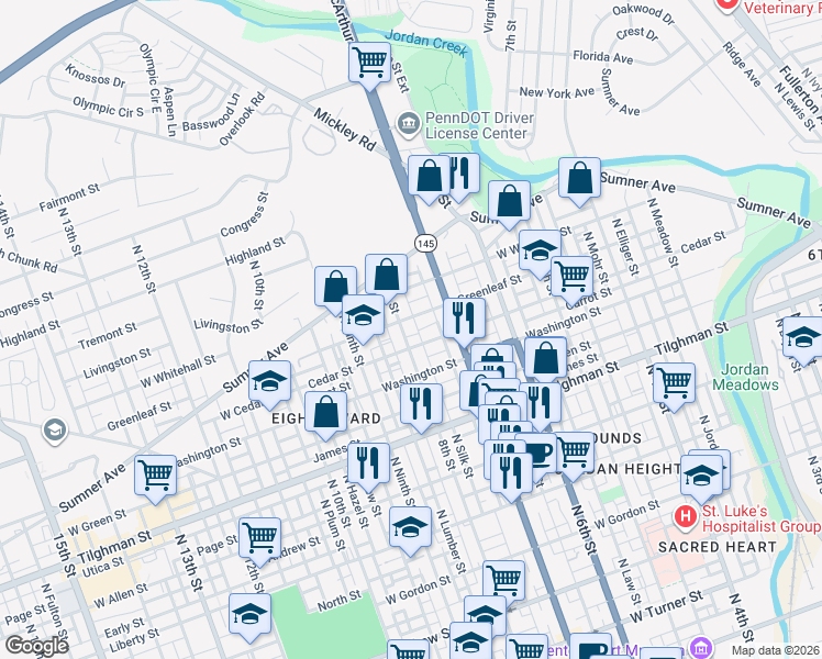 map of restaurants, bars, coffee shops, grocery stores, and more near 733 Cedar Street in Allentown
