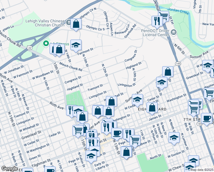 map of restaurants, bars, coffee shops, grocery stores, and more near 1209 Livingston Street in Allentown