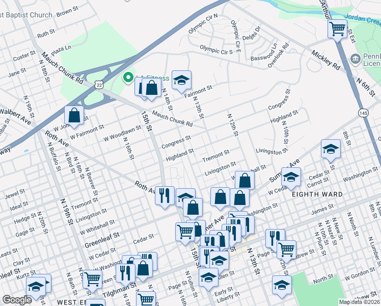 map of restaurants, bars, coffee shops, grocery stores, and more near 1402 Highland Street in Allentown