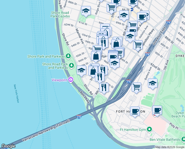 map of restaurants, bars, coffee shops, grocery stores, and more near 9902 3rd Avenue in Brooklyn