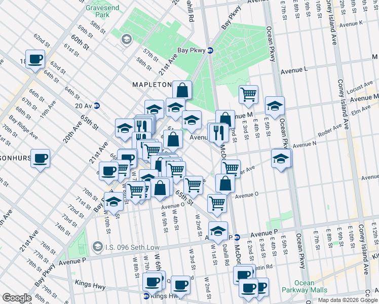 map of restaurants, bars, coffee shops, grocery stores, and more near 2311 62nd Street in Brooklyn