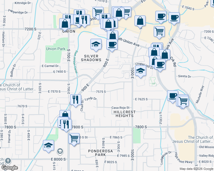 map of restaurants, bars, coffee shops, grocery stores, and more near 880 Casa Negra Avenue in Midvale