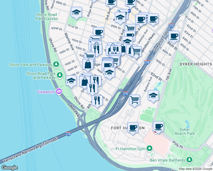 map of restaurants, bars, coffee shops, grocery stores, and more near 442 97th Street in Brooklyn