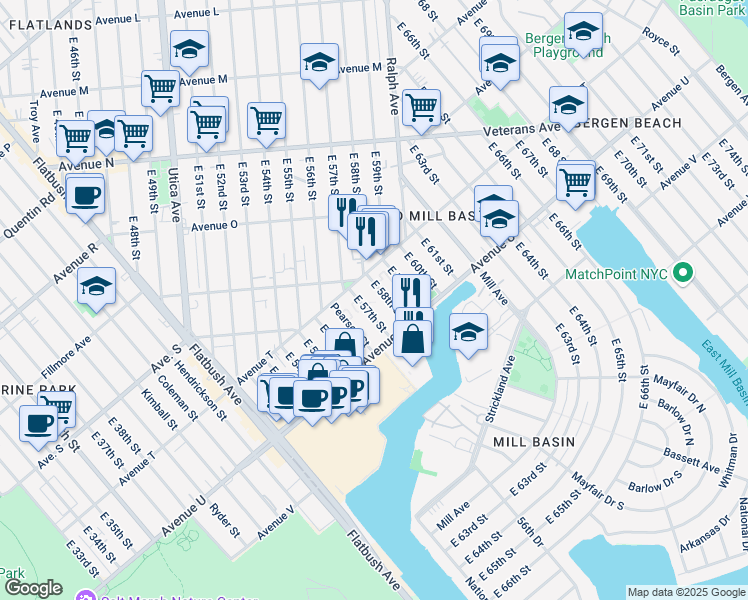 map of restaurants, bars, coffee shops, grocery stores, and more near 2035 East 57th Street in Brooklyn
