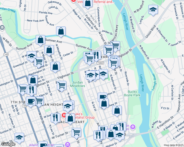 map of restaurants, bars, coffee shops, grocery stores, and more near 615 North 2nd Street in Allentown